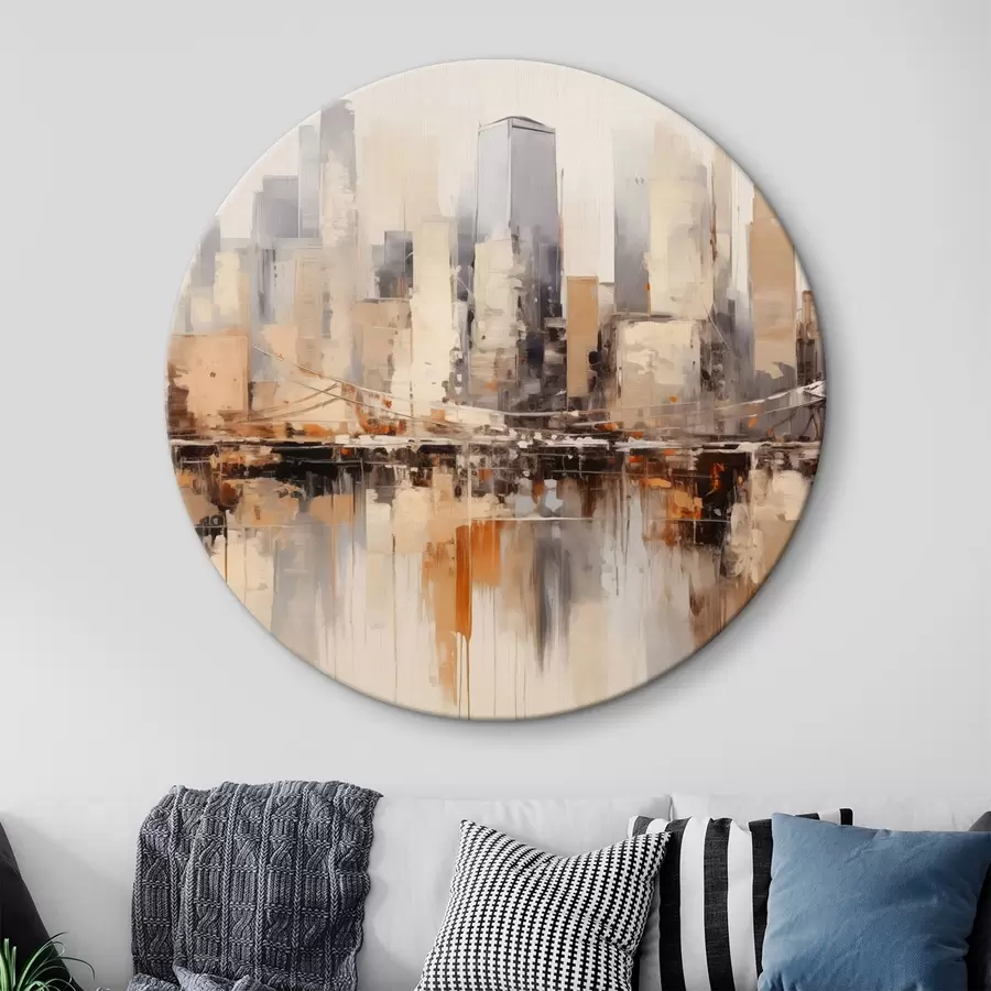 Obraz Abstraktní malba městské krajiny s vysokými budovami v odstínech hnědé, šedé a bílé barvy , odrážející se ve vodě pod nimi Č. r43168