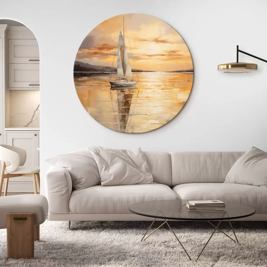 Obraz Krajinomalba s plachetnicí na klidném moři, oranžová a žlutá obloha, vzdálené hory Č. r43169