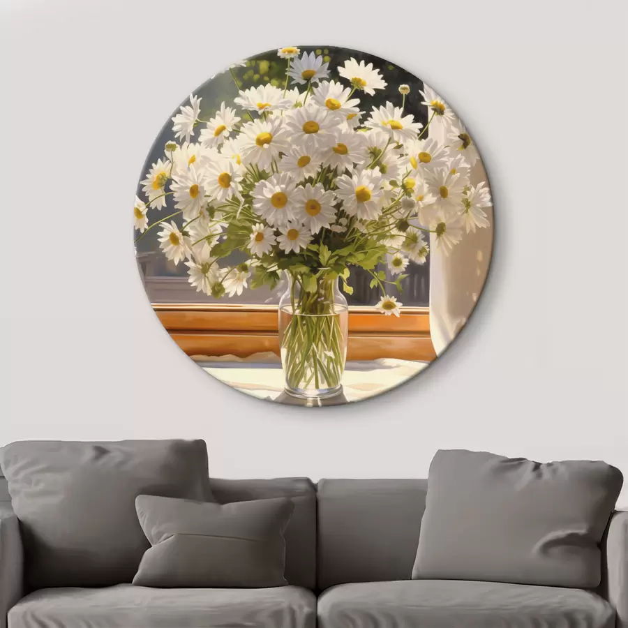 Obraz Olejomalba imitace vázy s bílými sedmikráskami na parapetu, slunečný den, teplá paleta barev Č. r43171