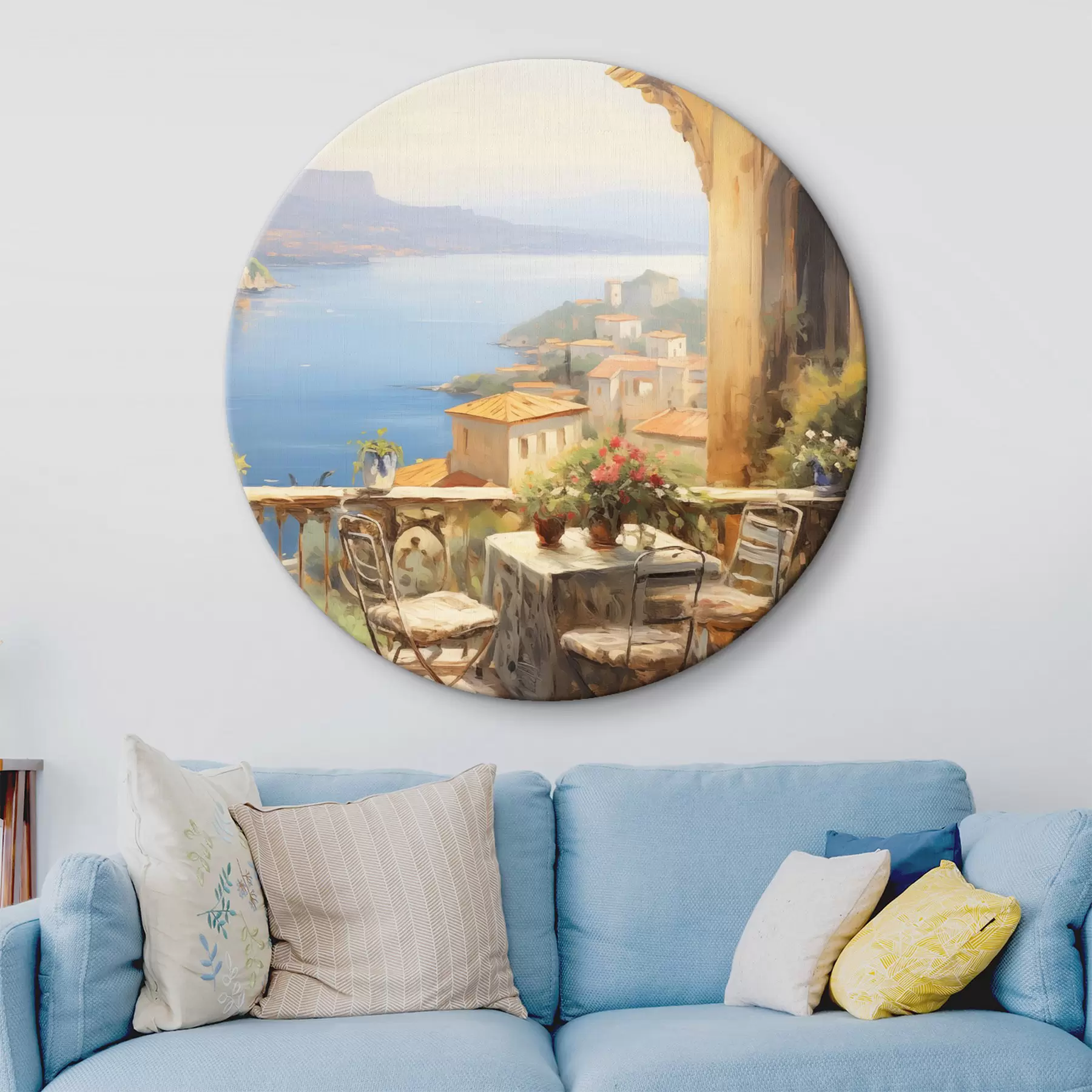 Obraz Olejomalba imitace balkonu s květinami, s výhledem na moře, domy na pobřeží, slunečný den, modrá obloha Č. r43173