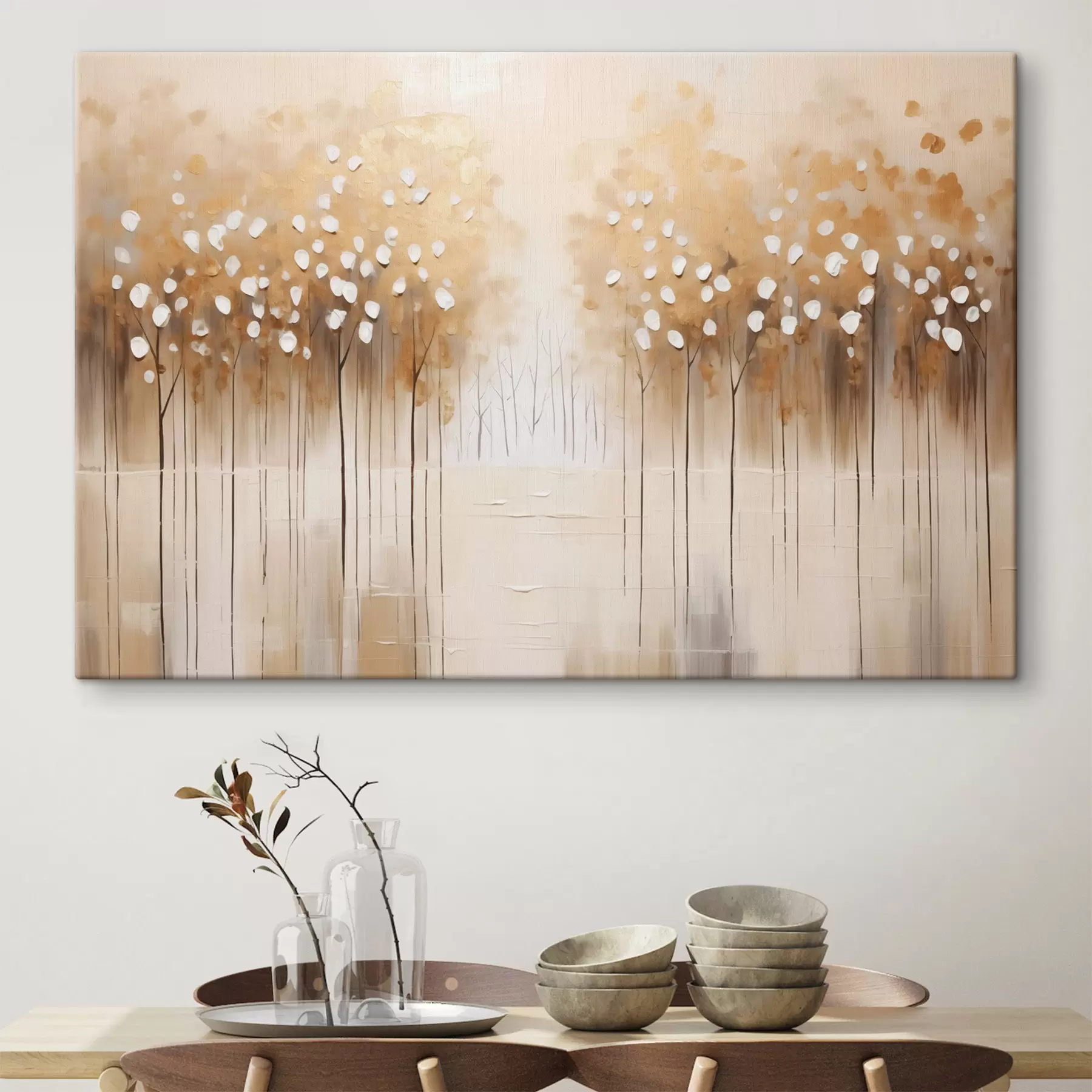 Obraz Olejomalba imitující hnědé stromy s bílými listy v lese s řekou uprostřed, bílé pozadí Č. s43172