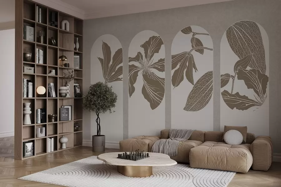 Fototapet Elegantní oblouky s květinovými vzory v béžové a bílé barvě na béžovém pozadí s texturou, minimalistický styl w08866
