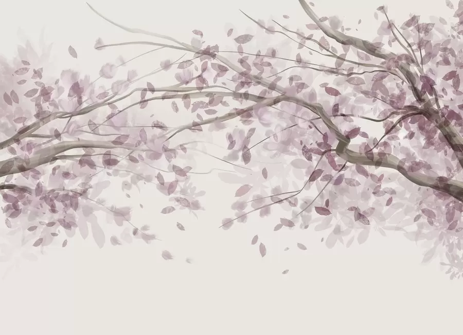 Fototapet Kvetoucí větve s růžovými listy, jemné barvy, jemné detaily, akvarelový styl, na světlém pozadí w08867