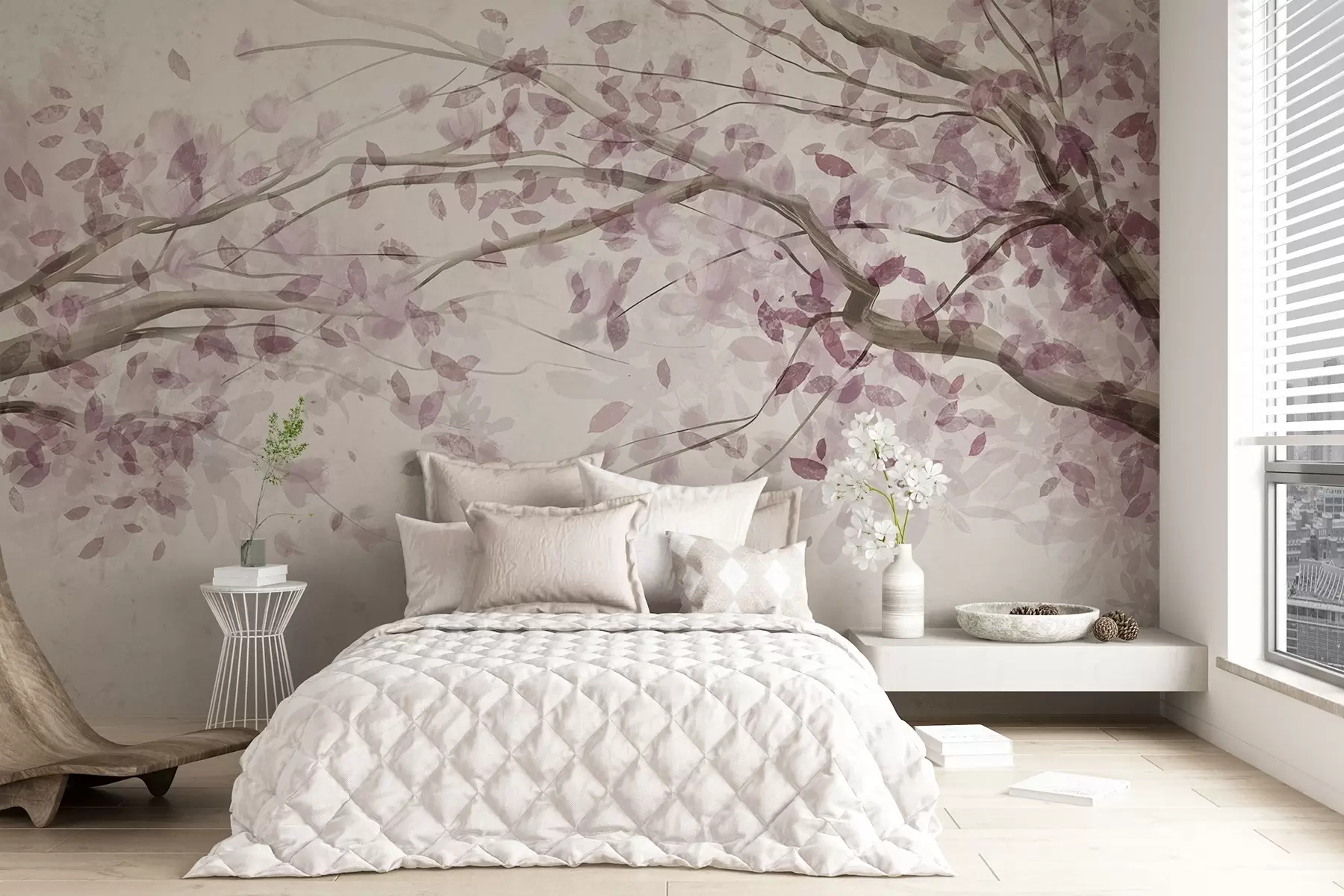 Fototapet Kvetoucí větve s růžovými listy, jemné barvy, jemné detaily, akvarelový styl, na světlém pozadí w08867