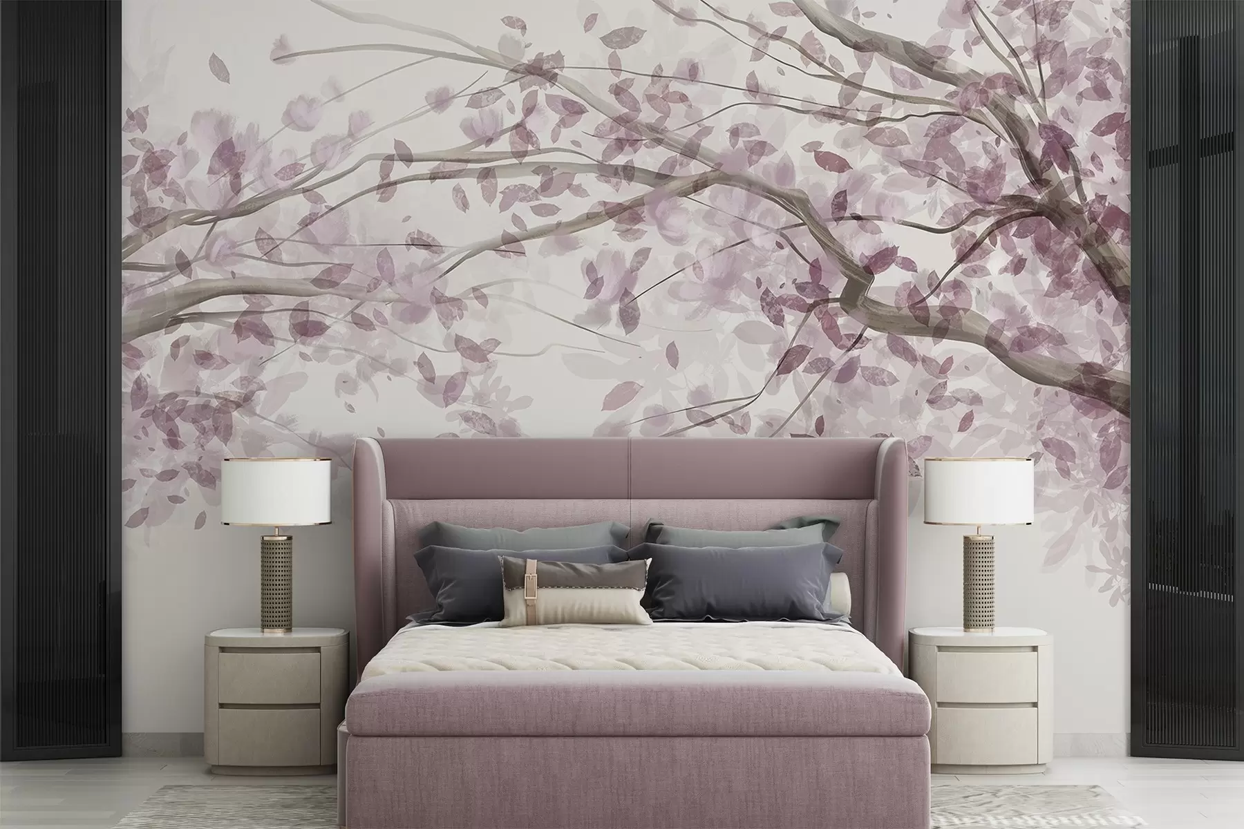 Fototapet Kvetoucí větve s růžovými listy, jemné barvy, jemné detaily, akvarelový styl, na světlém pozadí w08867