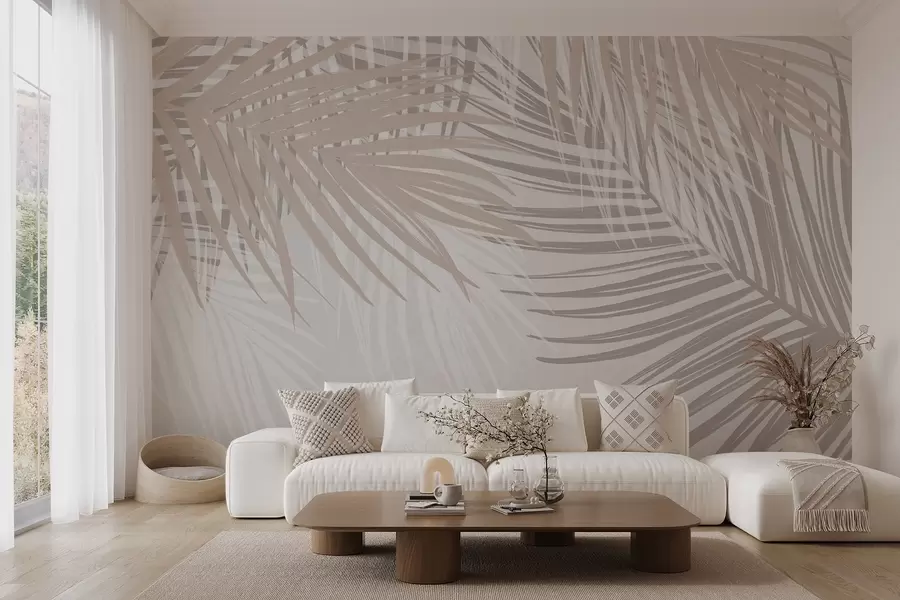 Fototapet Palmové listy ve světle béžových a bílých tónech, tropické listí, jemné pastelové barvy, minimalistický design w08869