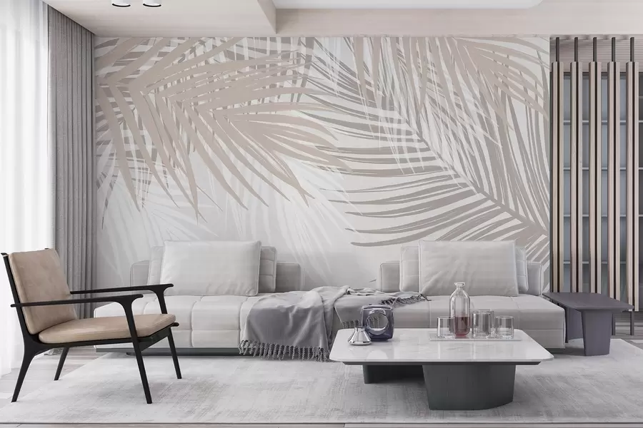 Fototapet Palmové listy ve světle béžových a bílých tónech, tropické listí, jemné pastelové barvy, minimalistický design w08869
