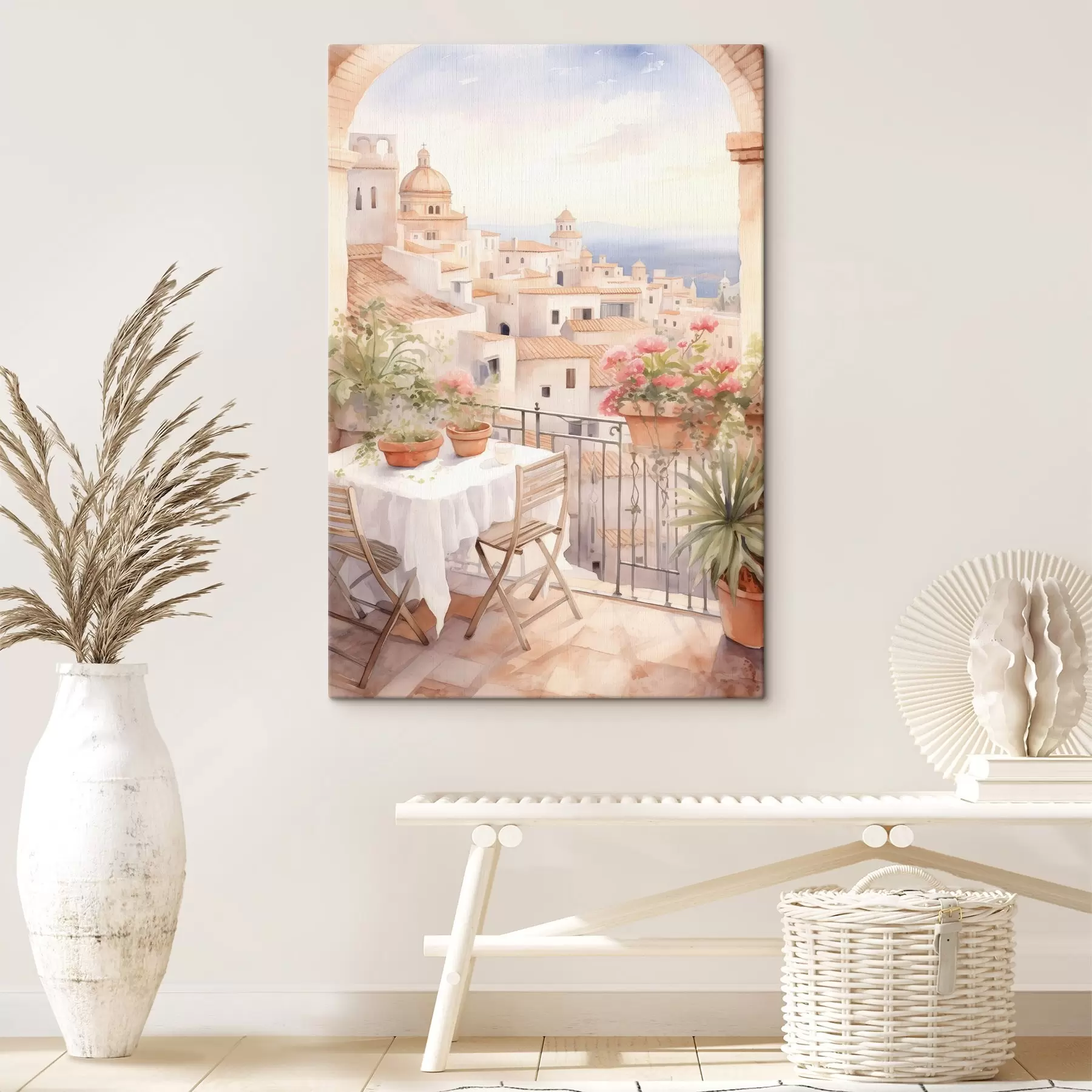 Fototapet Západ slunce na balkoně, Itálie, architektura, kvetoucí květiny, akvarel s43184