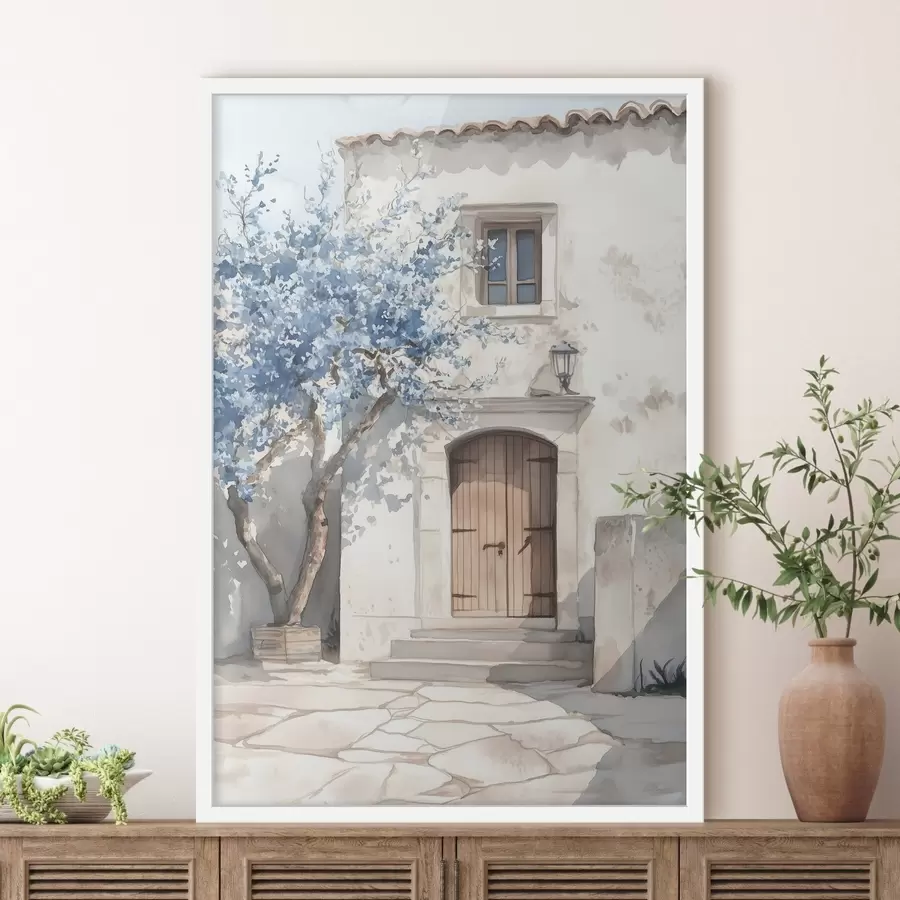 Fototapet Řecký dům s krásným stromem, architektura, akvarel f43178