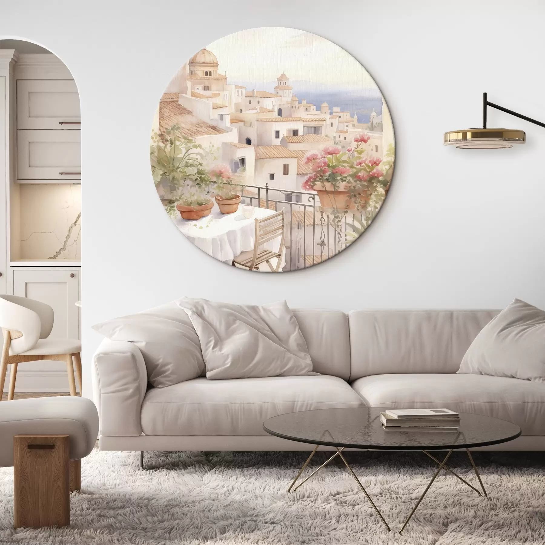 Obraz Západ slunce na balkoně, Itálie, architektura, kvetoucí květiny, akvarel Č. r43184