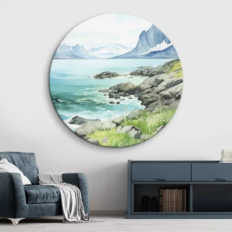 Obraz Norsko příroda, fjordy, letní krajina, zelená tráva, hory, akvarel Č. r43188