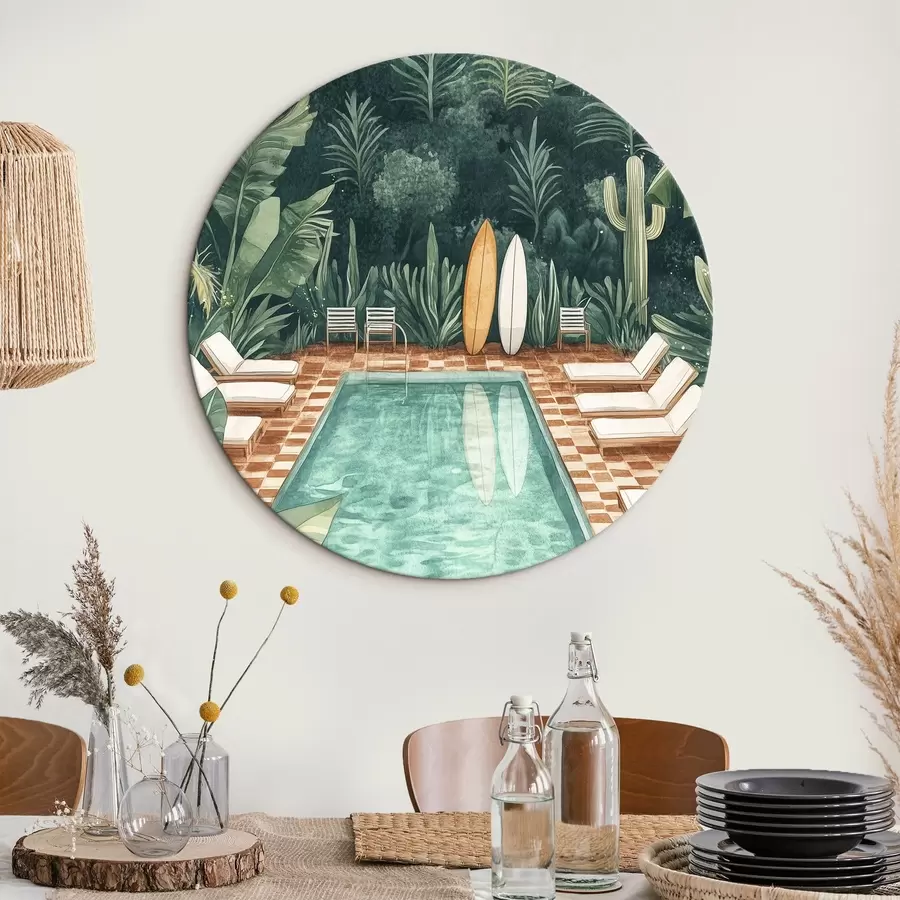 Obraz Vintage letní bazén, tropický les, zeleň, palmy, akvarelový styl Č. r43191