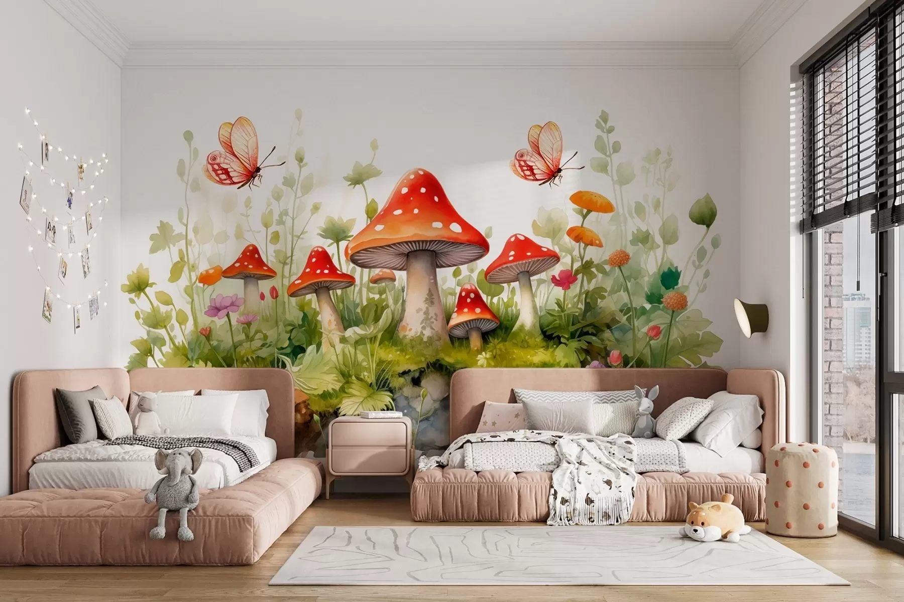 Fototapet Lesní krajina na bílém pozadí v akvarelovém stylu s houbami, žábami a motýly w08854