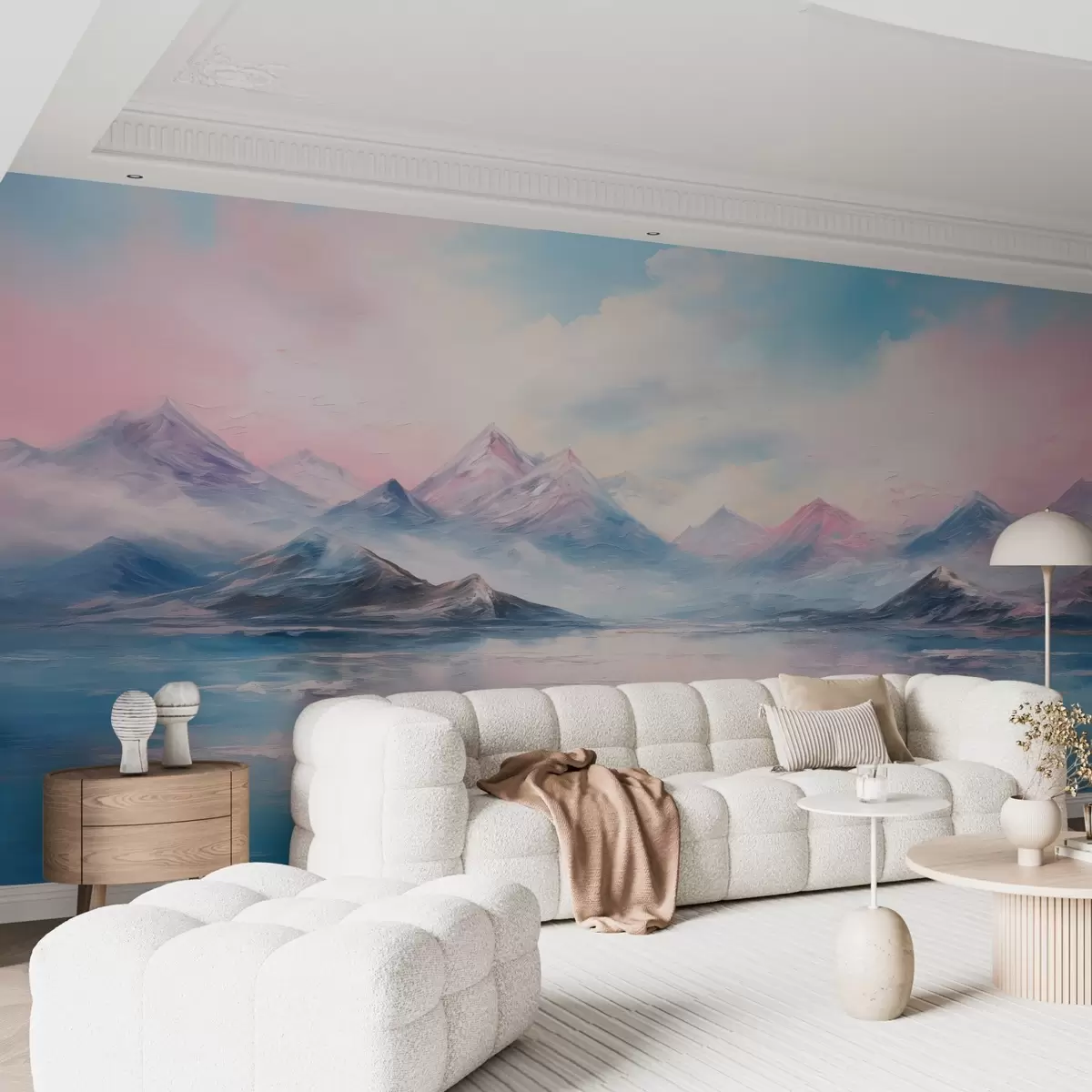 Fototapet Barevná krajina ve stylu tahů štětcem v růžových a modrých tónech s horami, jezerem a mraky w08878