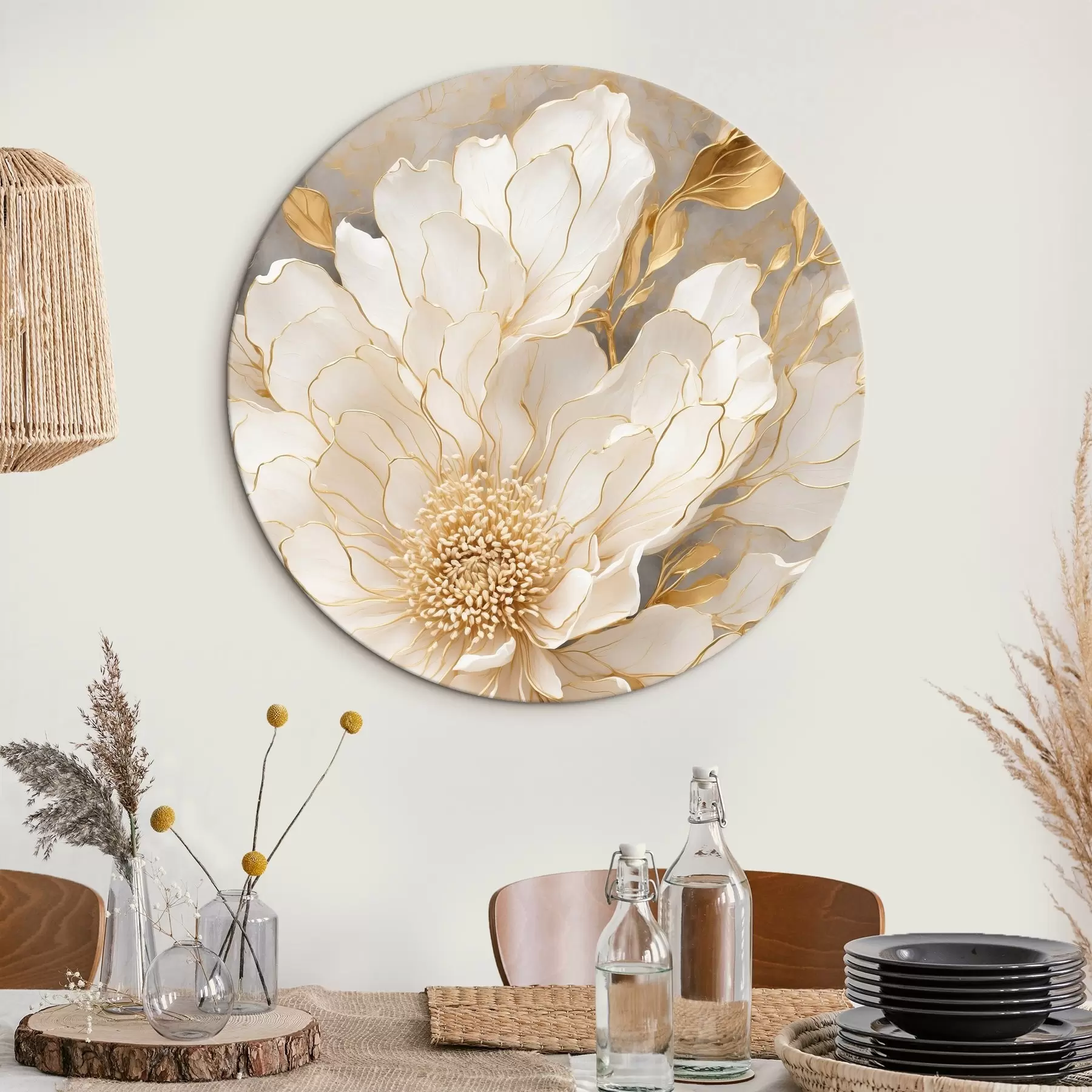 Obraz Bílá květina s listy ve stylu akrylové malby Č. r43115