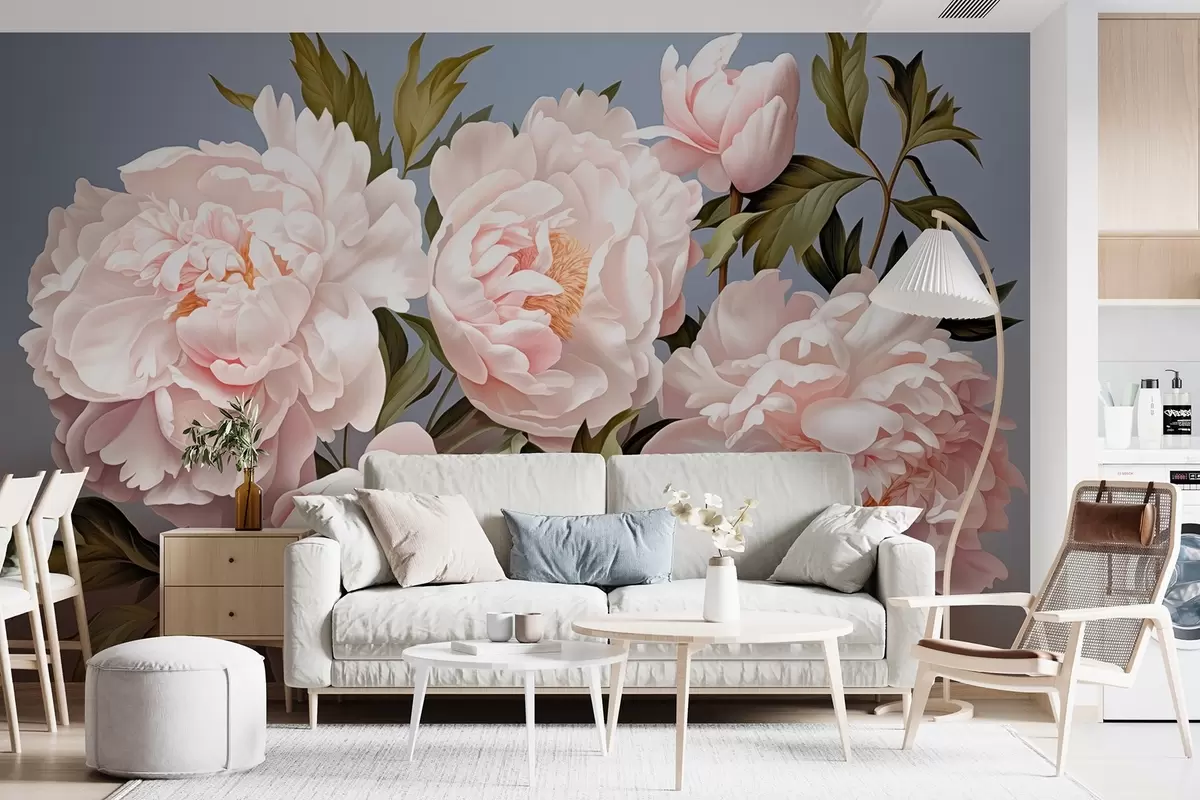 Fototapet Jemné růžové pivoňky s listy na modrém pozadí w08882