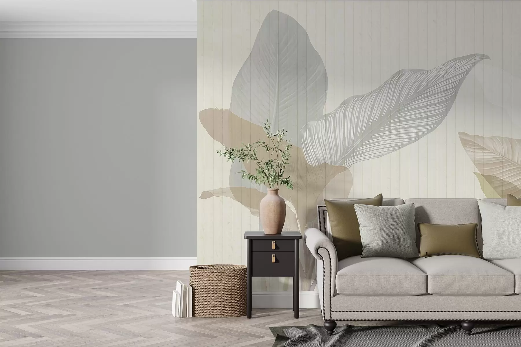 Fototapet Jemná botanická ilustrace s velkými průsvitnými listy v pastelových odstínech na texturovaném pozadí w03323v2