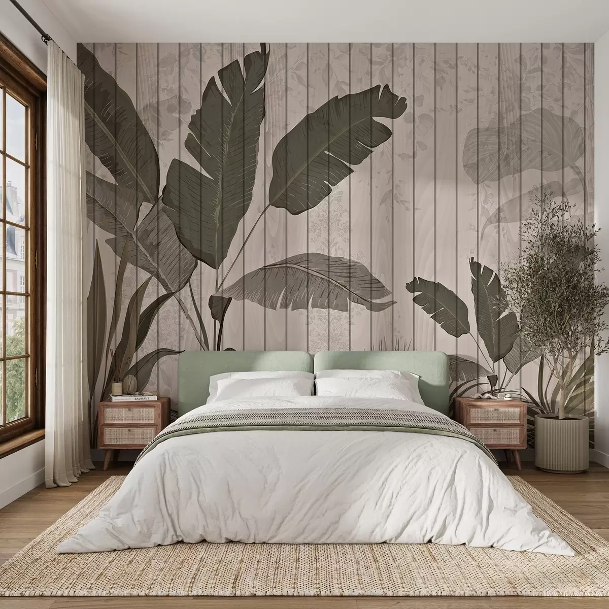 Fototapet Elegantní botanická ilustrace s banánovými listy a exotickými rostlinami na texturovaném světlém pozadí w03325v1