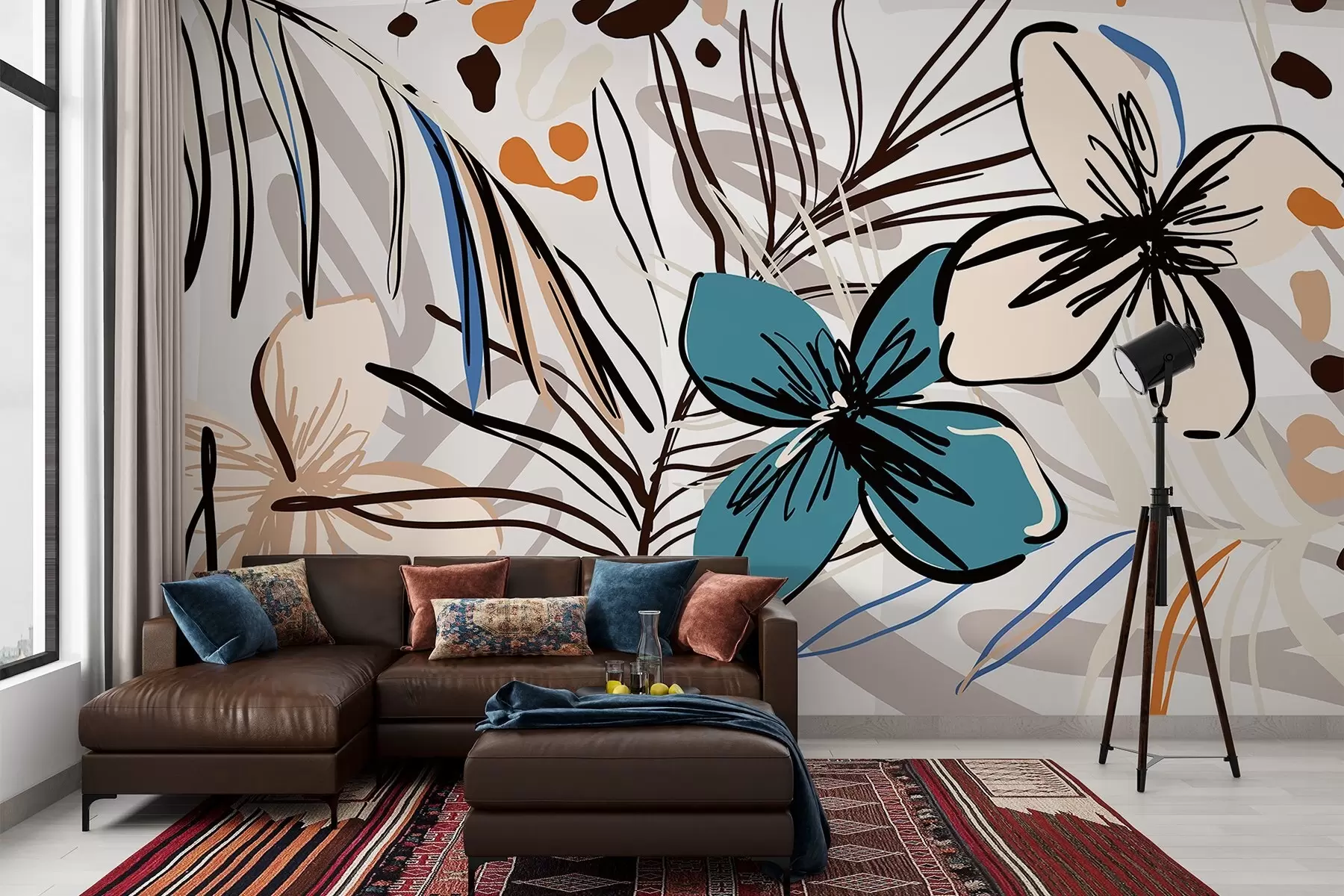 Fototapet Moderní abstraktní tisk s tropickými palmovými listy, modrými a béžovými květy, černé linie, světlé pozadí w08889