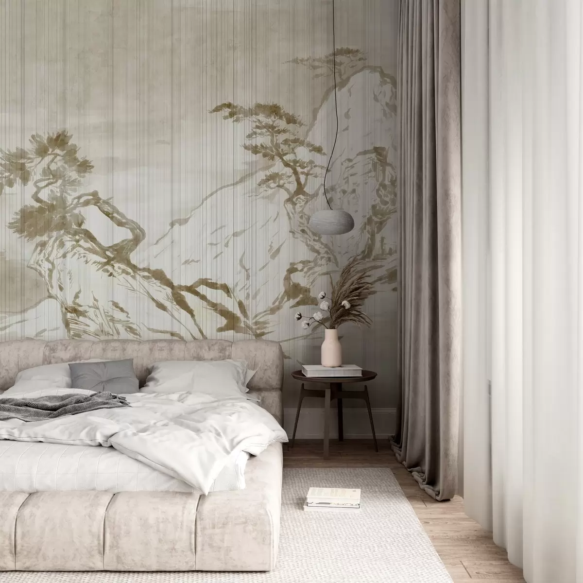 Fototapet Tradiční čínská černobílá ilustrace krajiny s horami, stromy a mlhou w03379