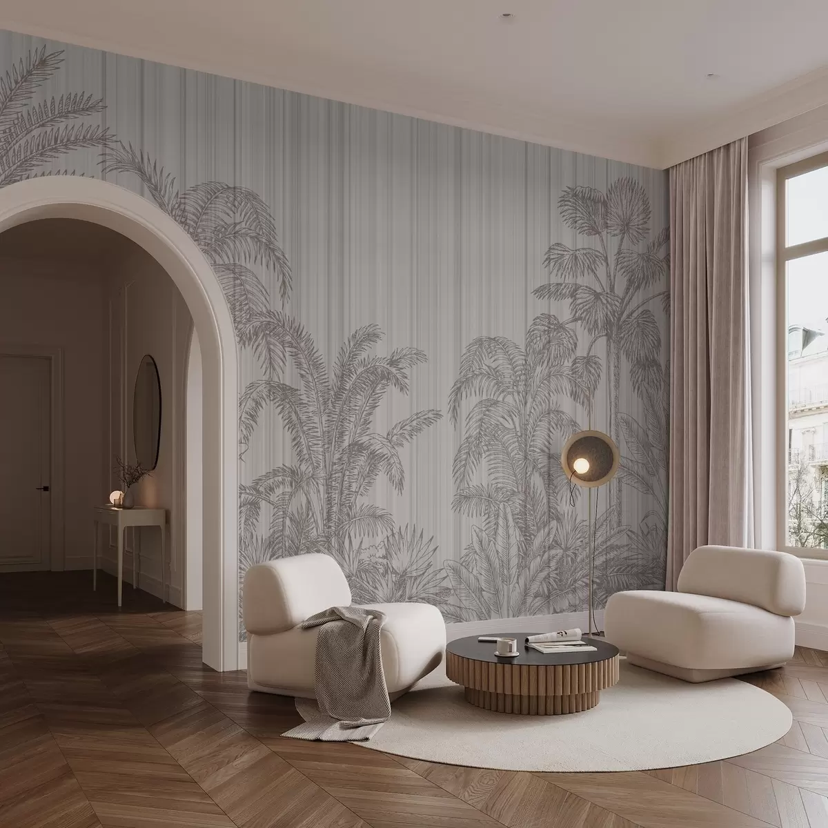 Fototapet Vintage ilustrace tropických rostlin a palem na texturovaném pozadí w03383