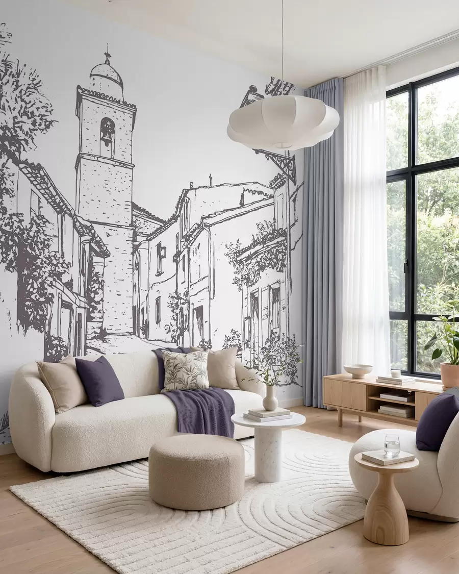 Fototapet Městská ulice, krásná architektura, budovy, Středomoří, kresba, béžová barva w03345v1