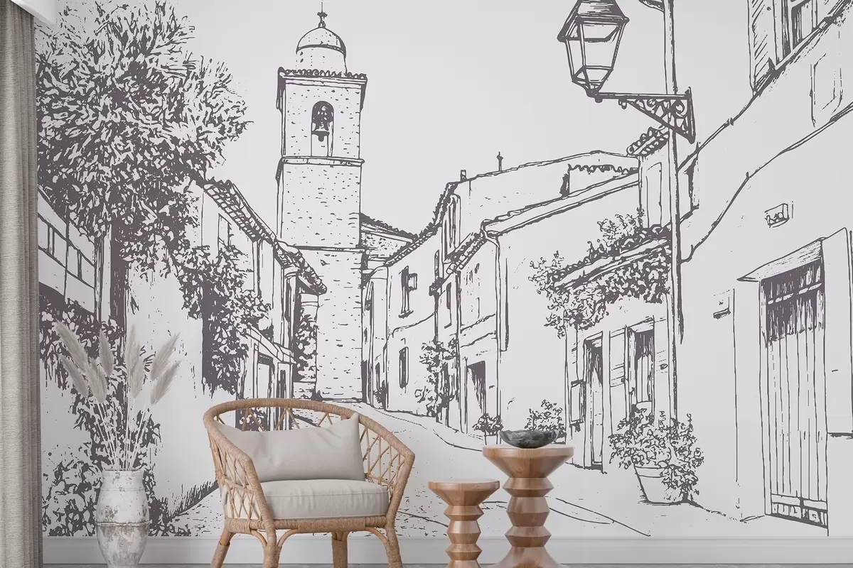 Fototapet Městská ulice, krásná architektura, budovy, Středomoří, kresba, béžová barva w03345v1