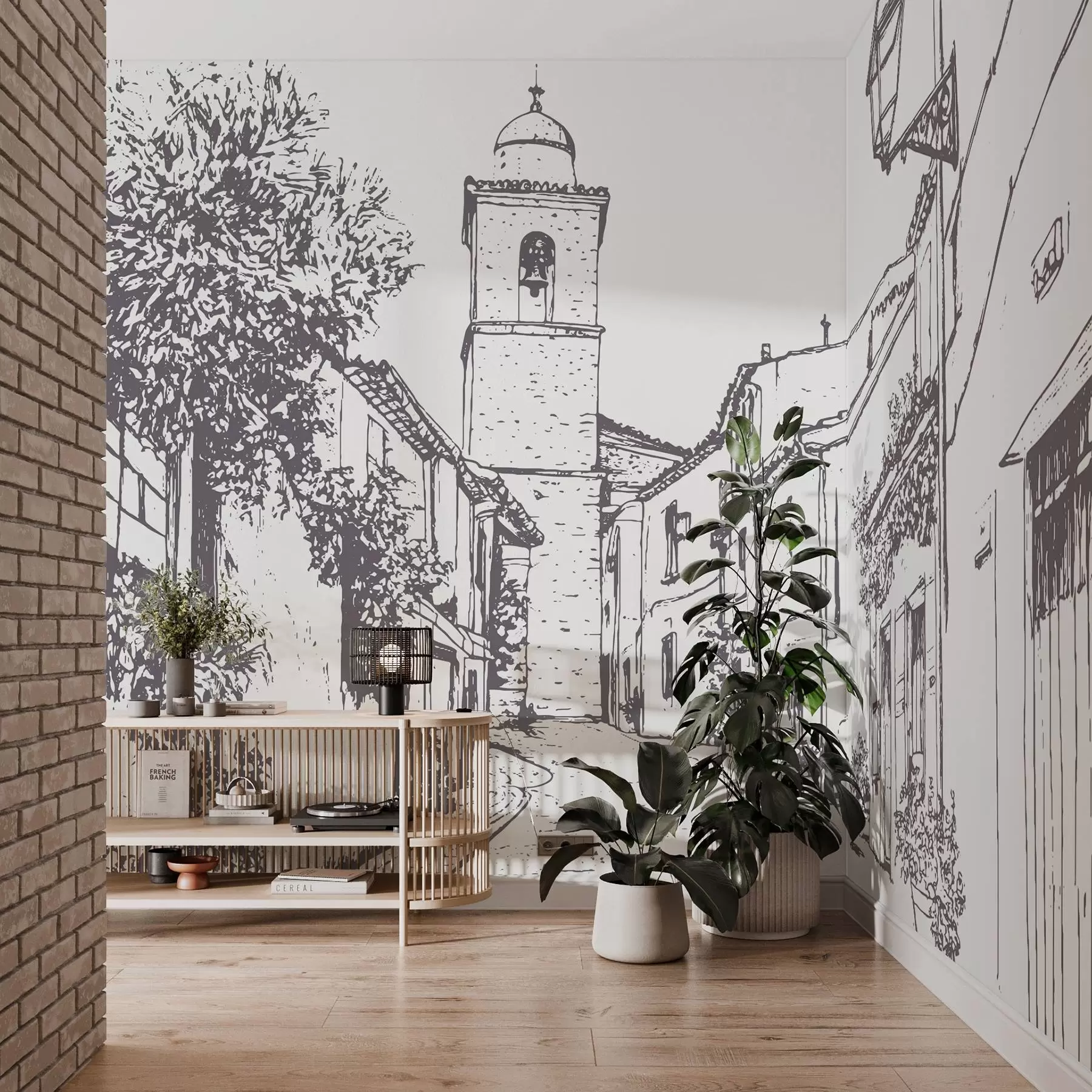 Fototapet Městská ulice, krásná architektura, budovy, Středomoří, kresba, béžová barva w03345v1