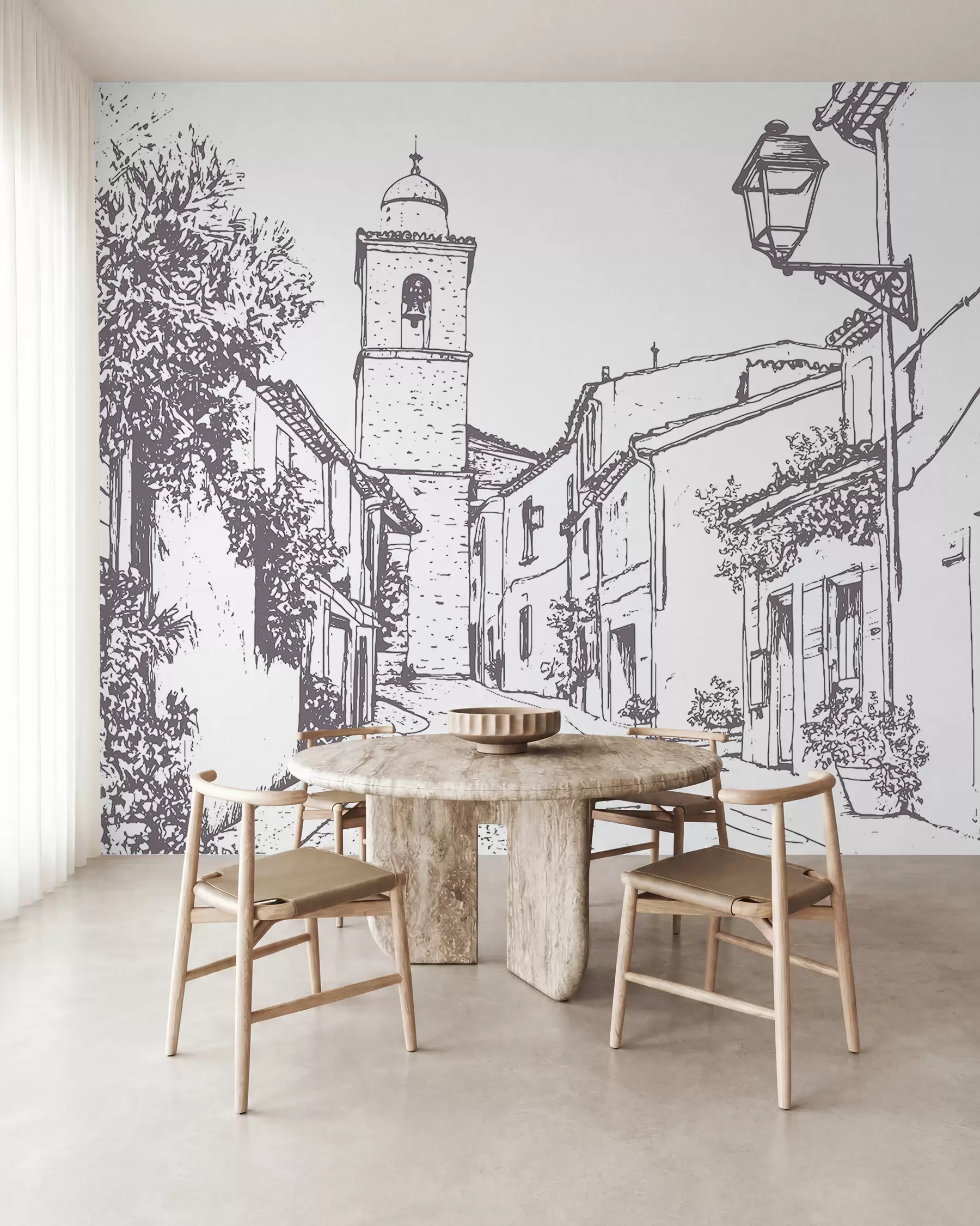 Fototapet Městská ulice, krásná architektura, budovy, Středomoří, kresba, béžová barva w03345v1