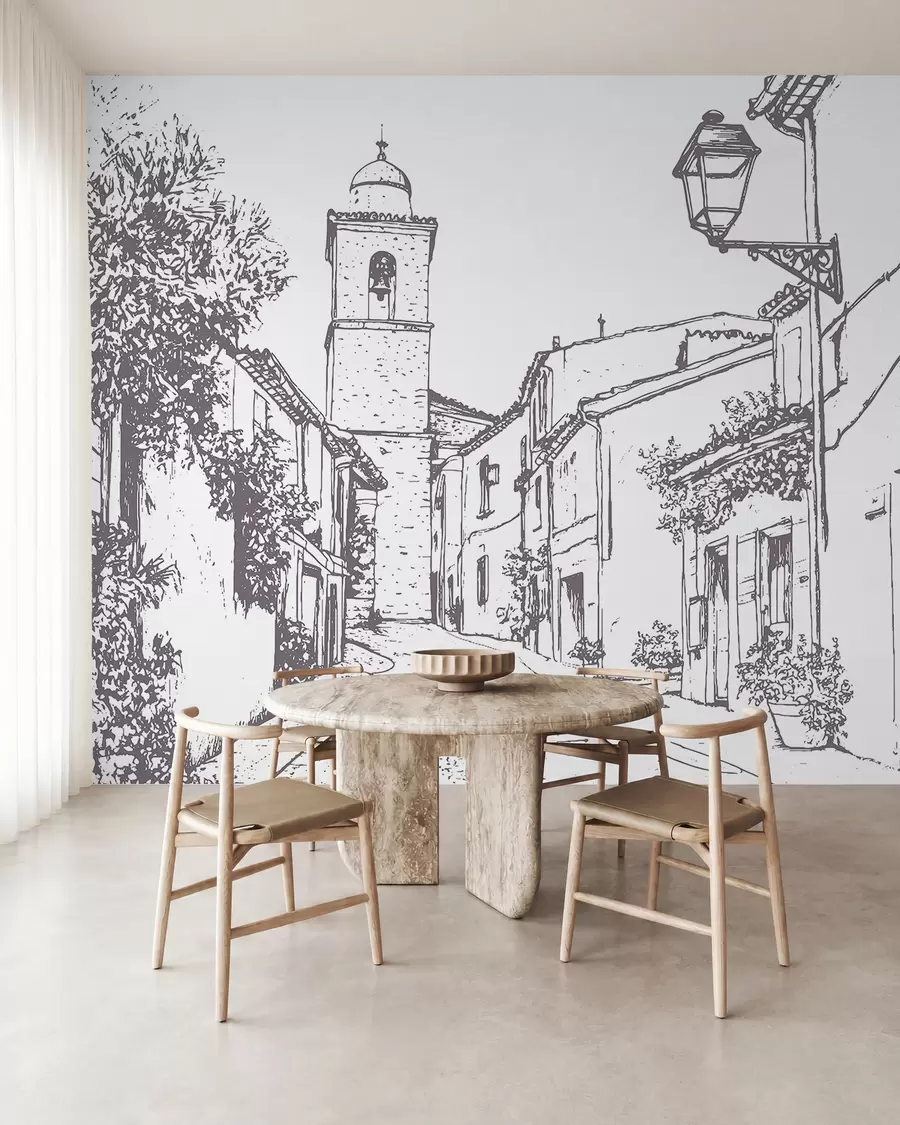 Fototapet Městská ulice, krásná architektura, budovy, Středomoří, kresba, béžová barva w03345v1