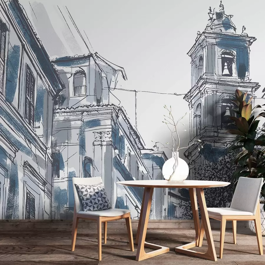 Fototapet Středomořská ulice, kaple, architektura, šedá a modrá barva w03350