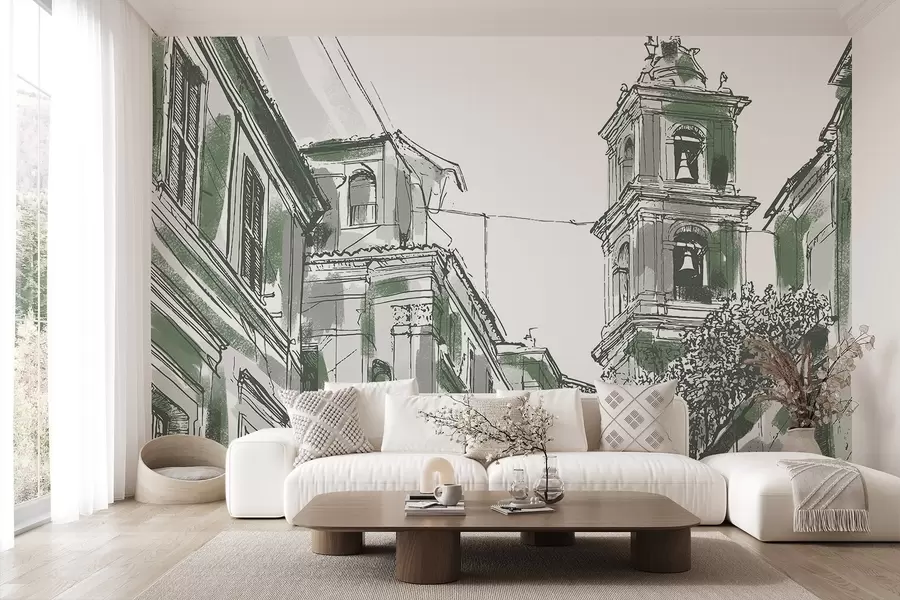 Fototapet Středomořská ulice, kaple, architektura, šedá a zelená barva w03350v2