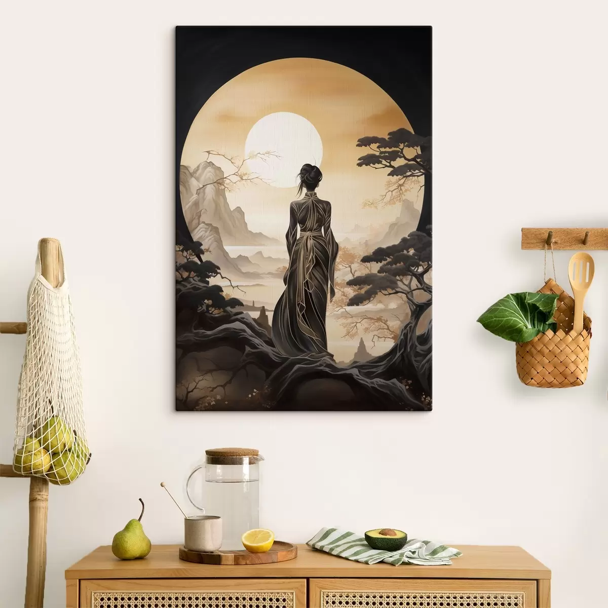 Obraz Lidé, Japonsko, dívka při západu slunce na pozadí sakur a hor Č. s43256