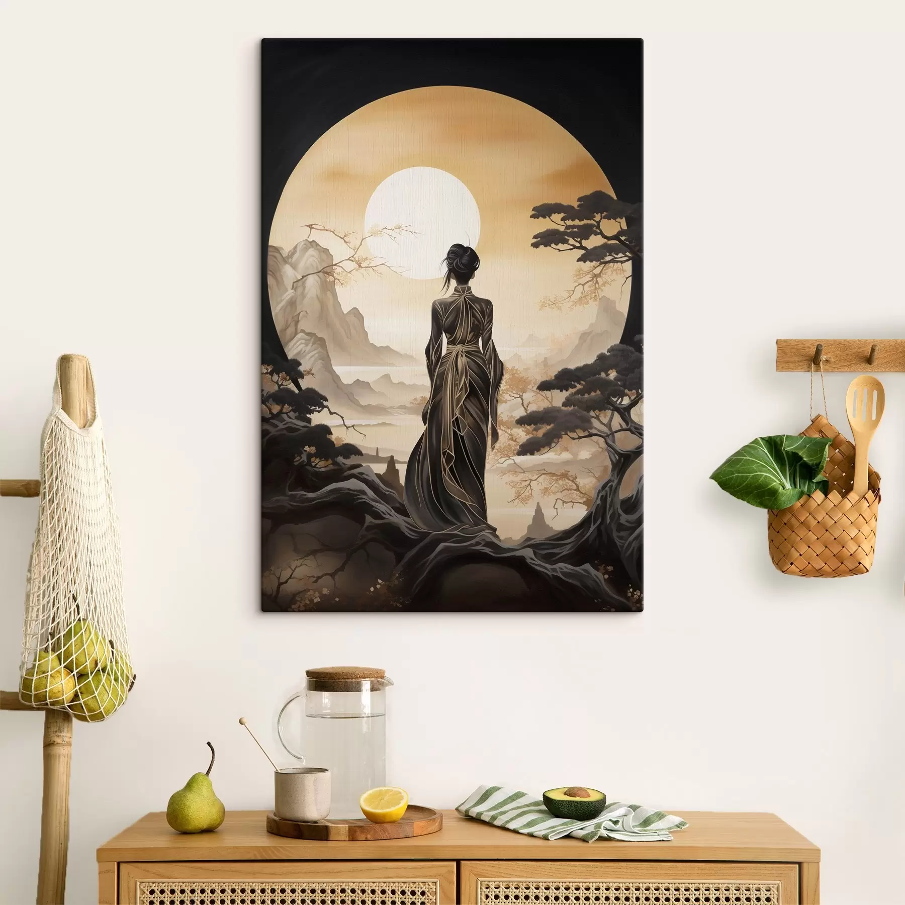 Obraz Lidé, Japonsko, dívka při západu slunce na pozadí sakur a hor Č. s43256