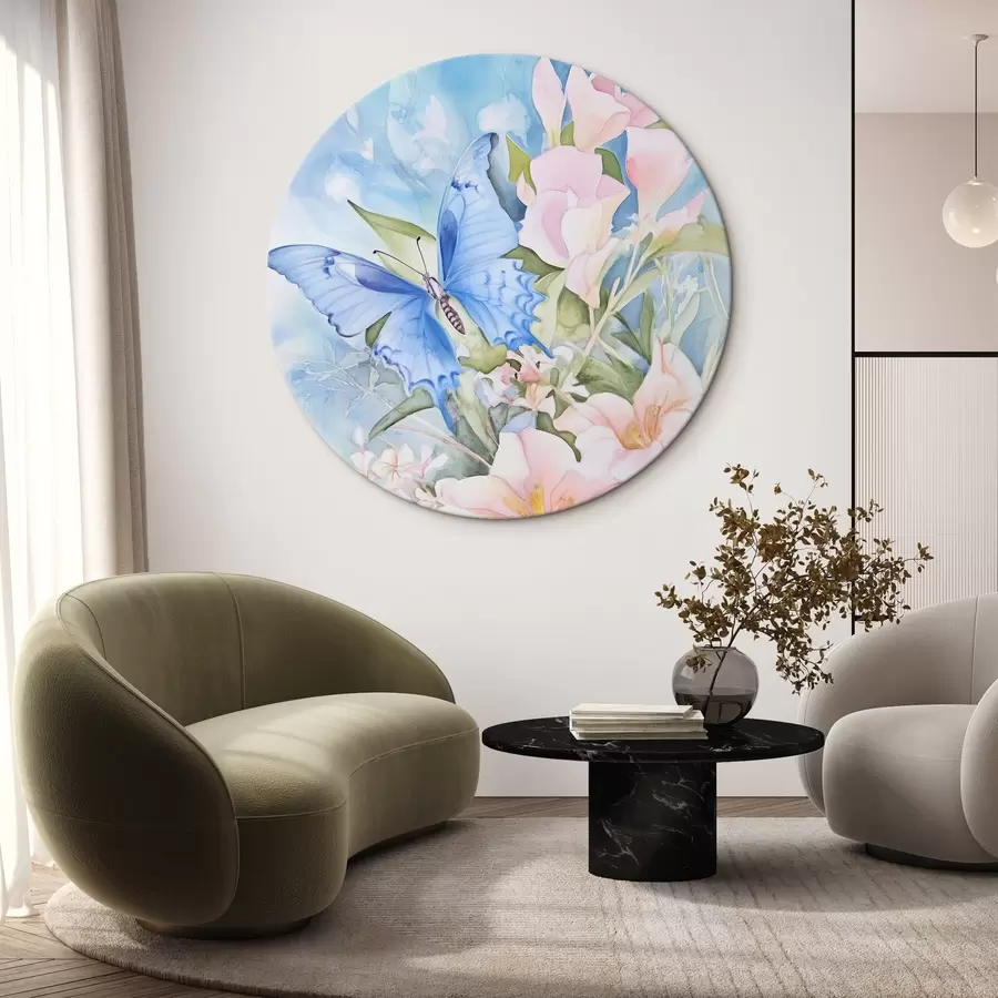 Obraz Modrý motýl a růžové květy Č. r43296