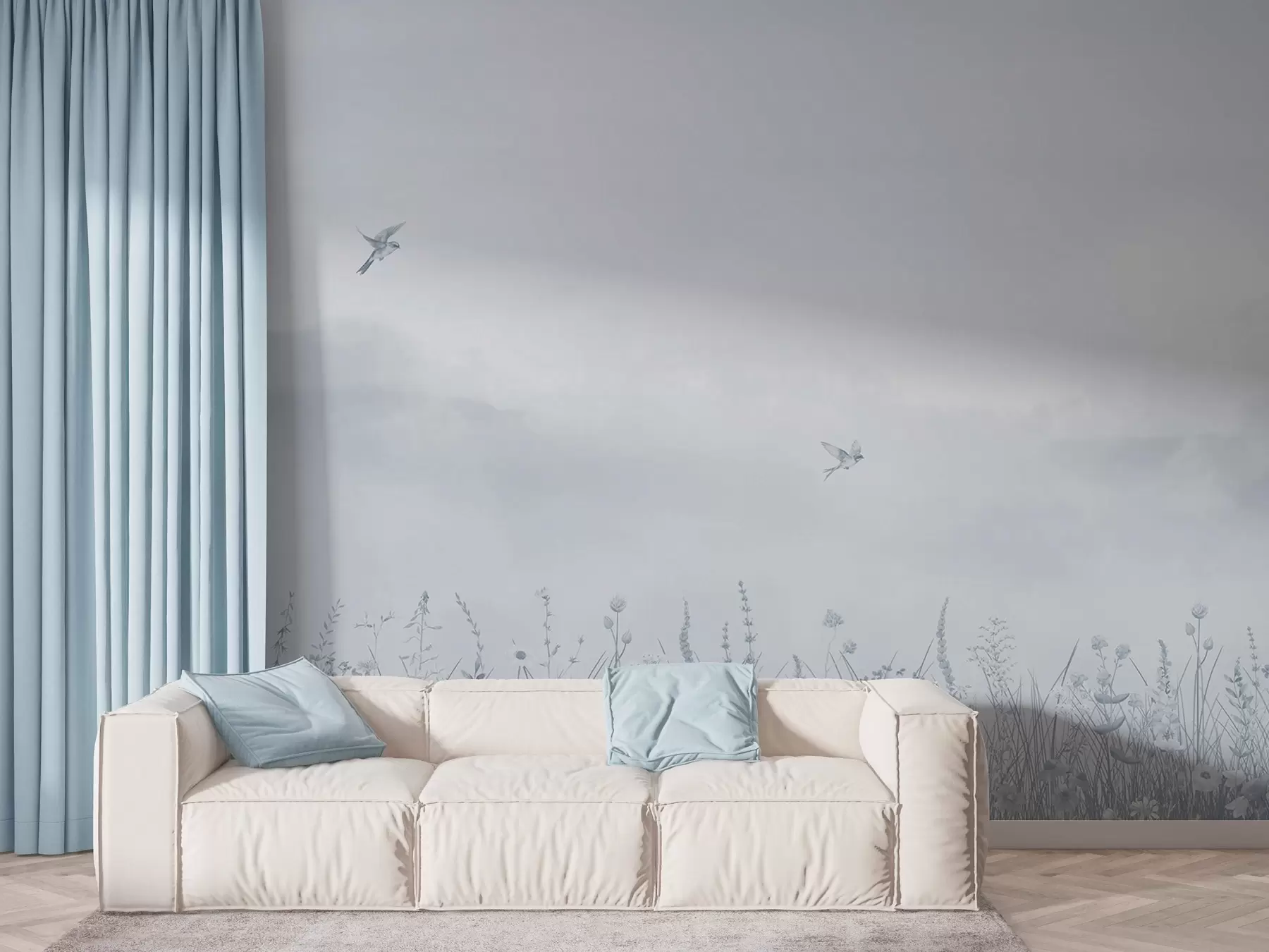 Fototapet Divoké květiny a zamlžená obloha v modrých tónech w03391v1