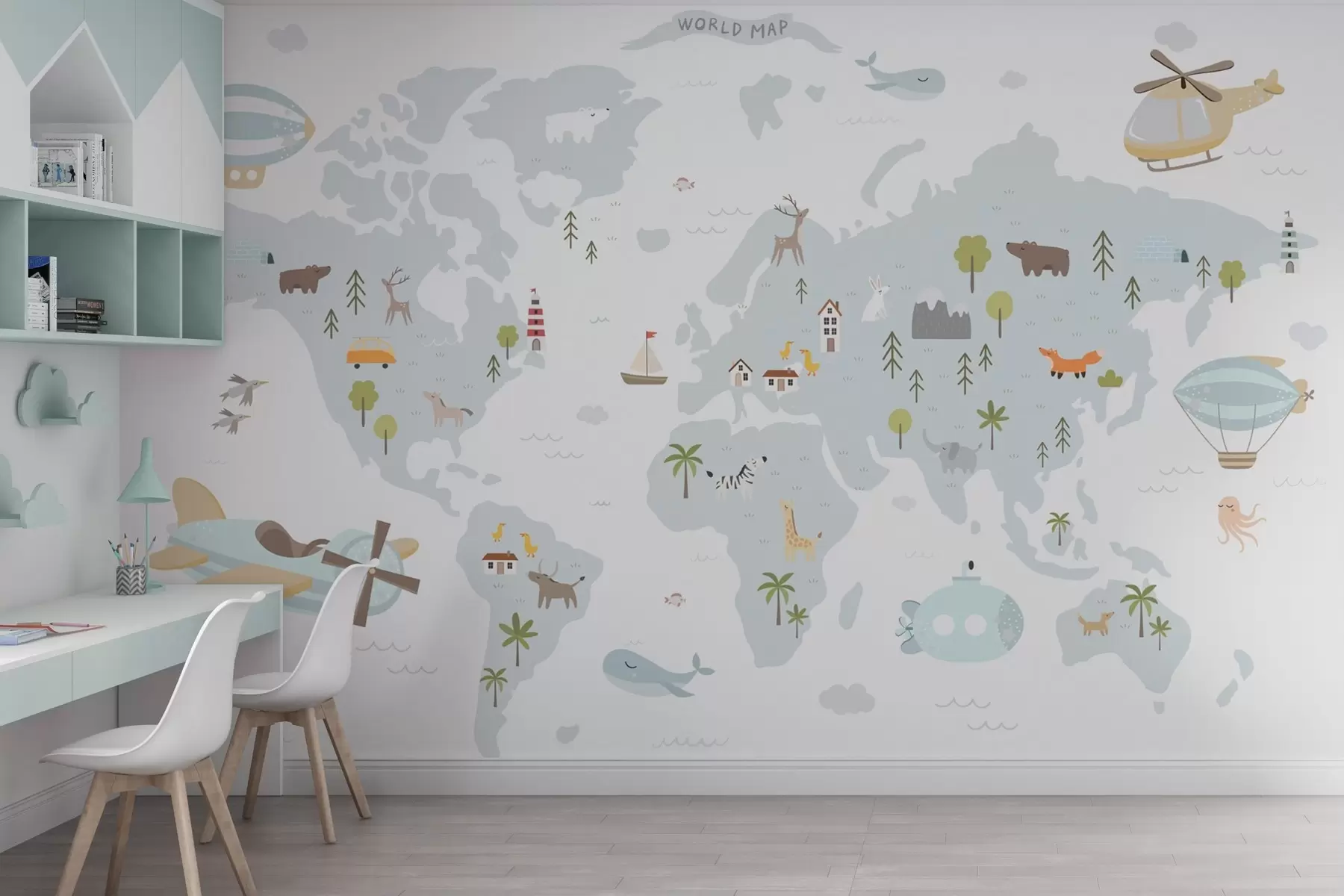 Fototapet Dětská mapa světa se zvířaty a letadly w03392