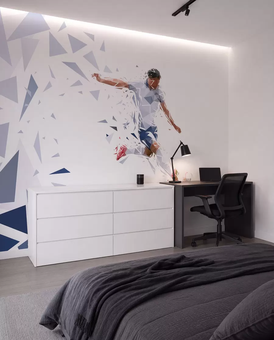 Fototapet Dynamický fotbalista ve stylu low-poly, který se trefuje do míče w03289