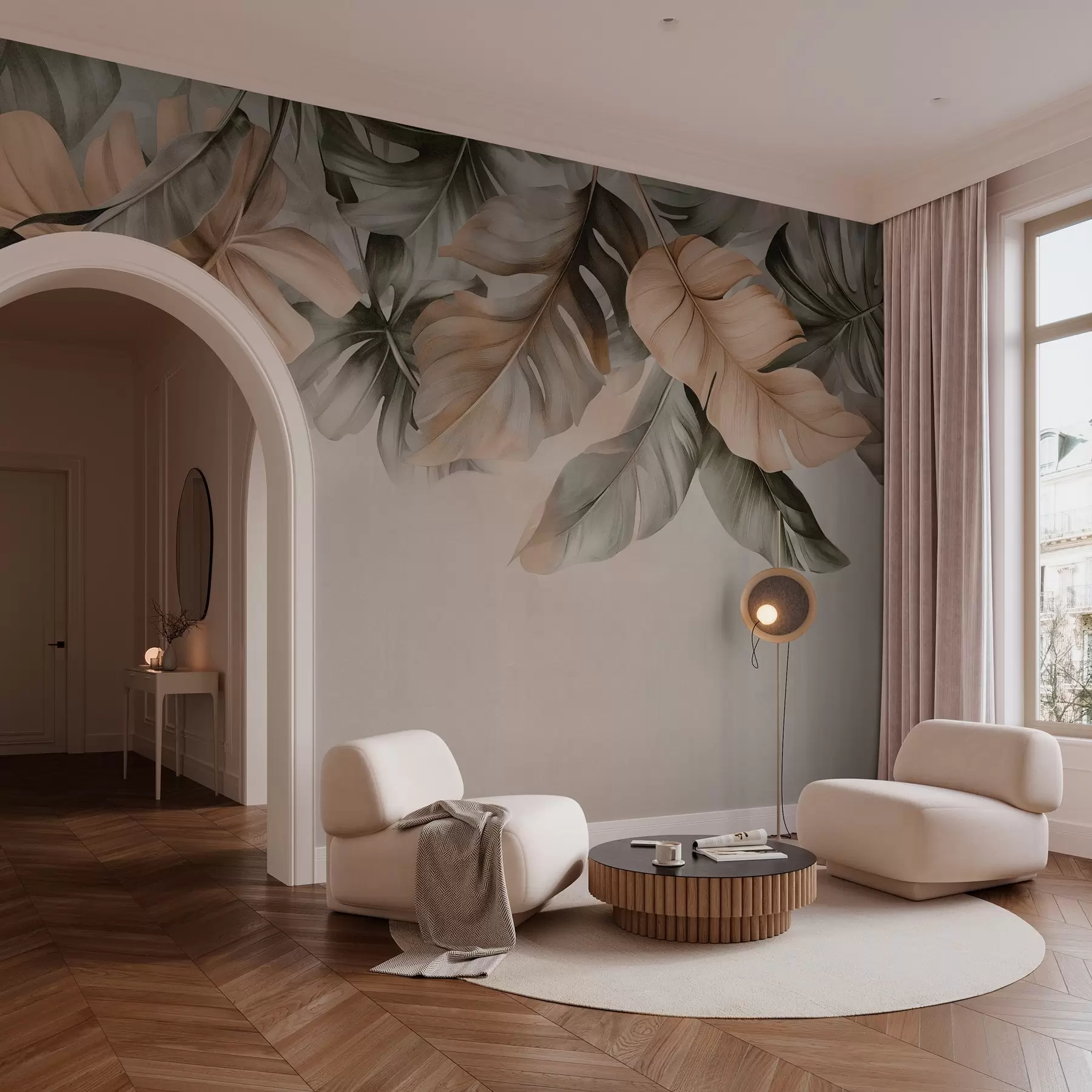 Fototapet Tropické listy visící z horní části na texturovaném pozadí w03290