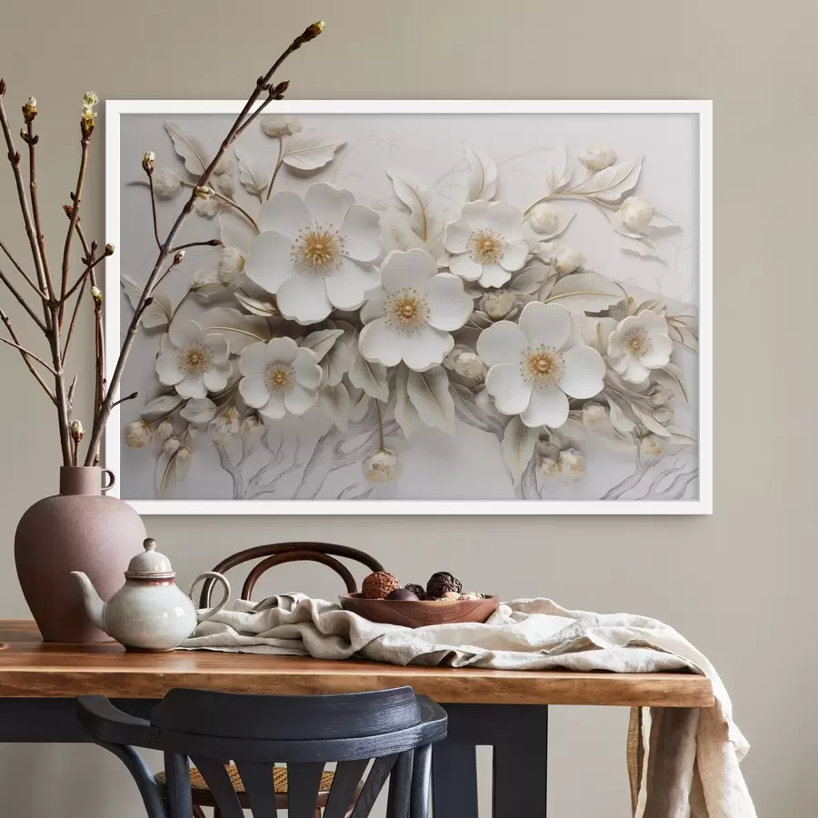 Fototapet 3d bílé květy v klasickém stylu se žlutým akcentem f43313