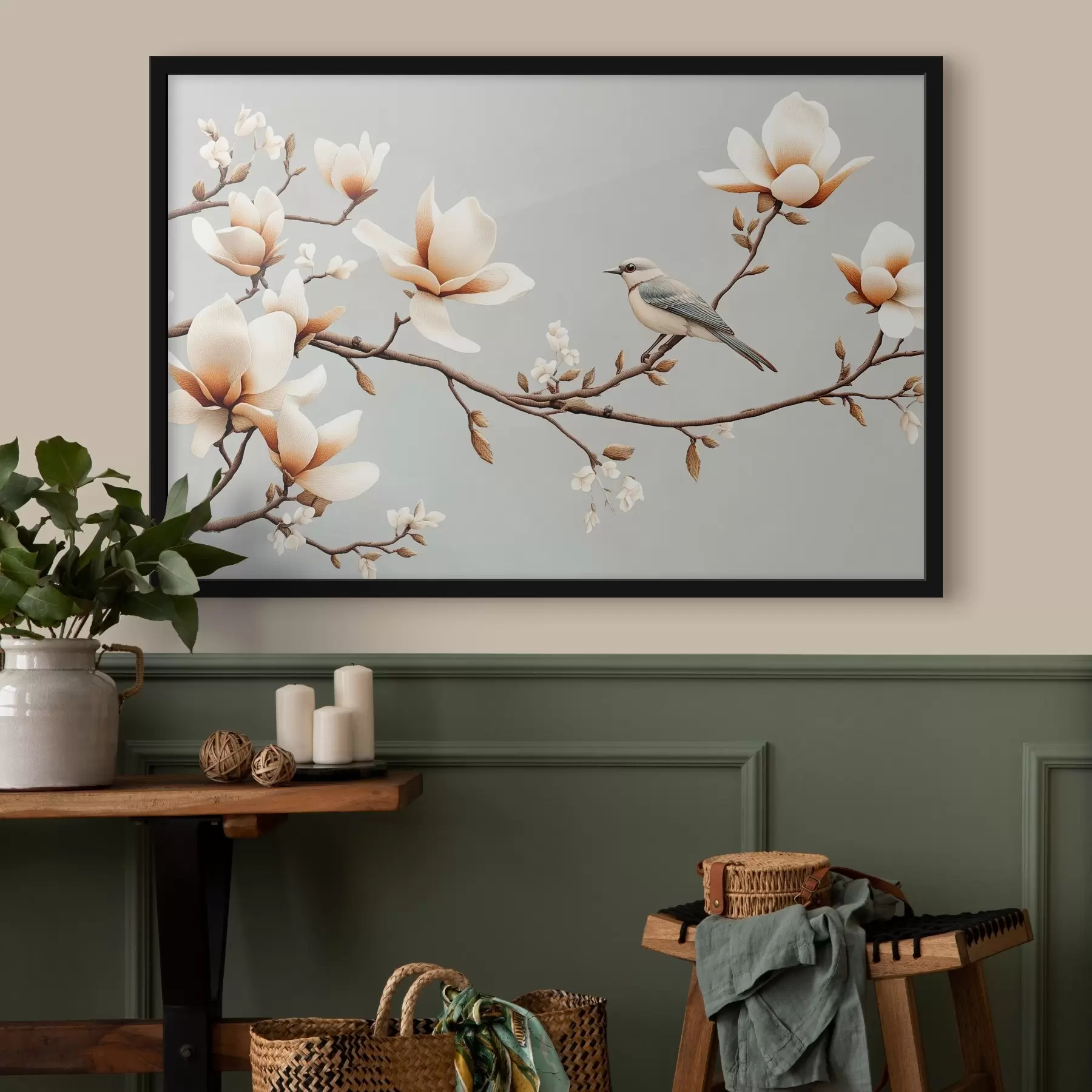 Fototapet Pták na větvi s magnóliemi v jemných pastelových barvách f43320
