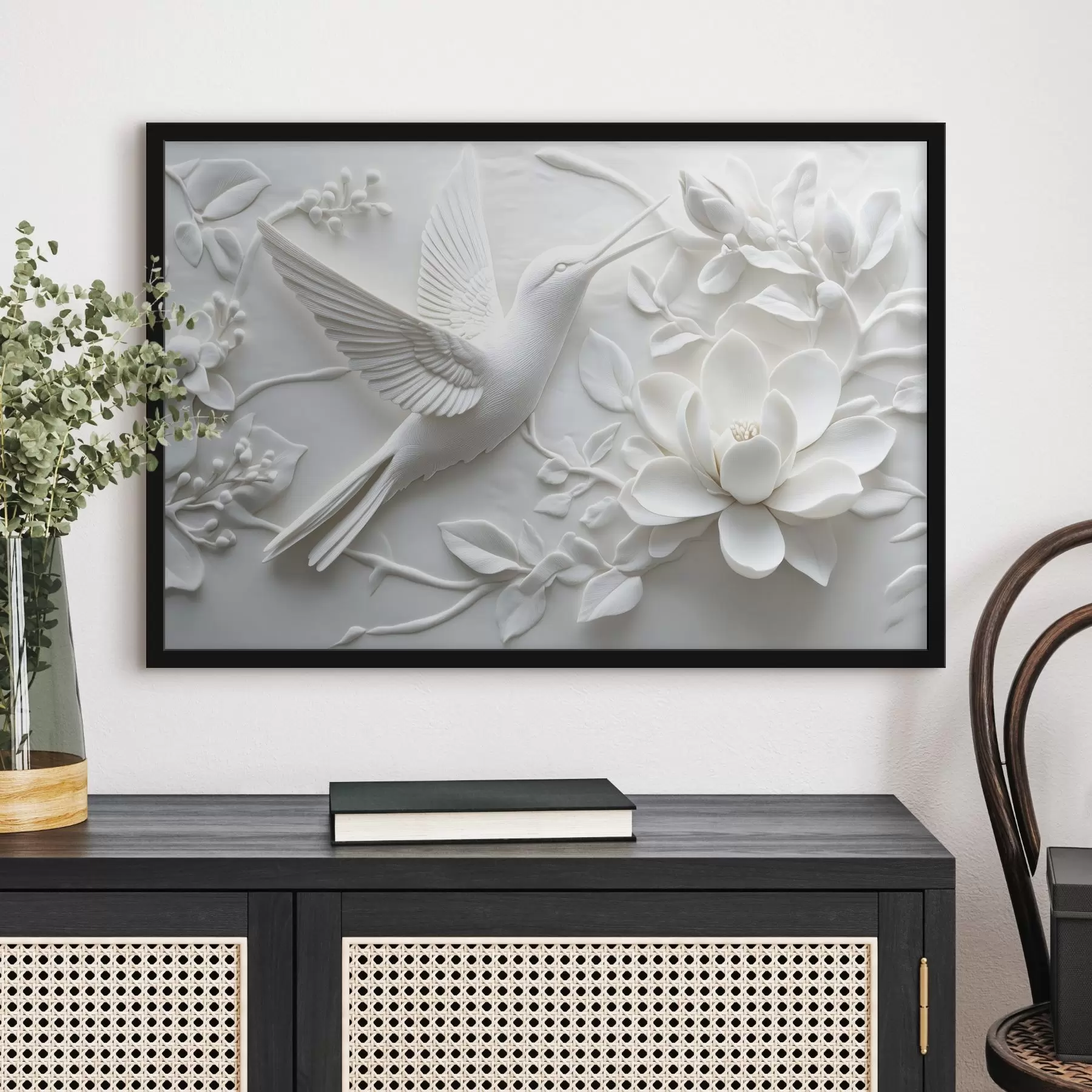 Fototapet Černobílý 3D obraz ptáka a okolních květin f43329