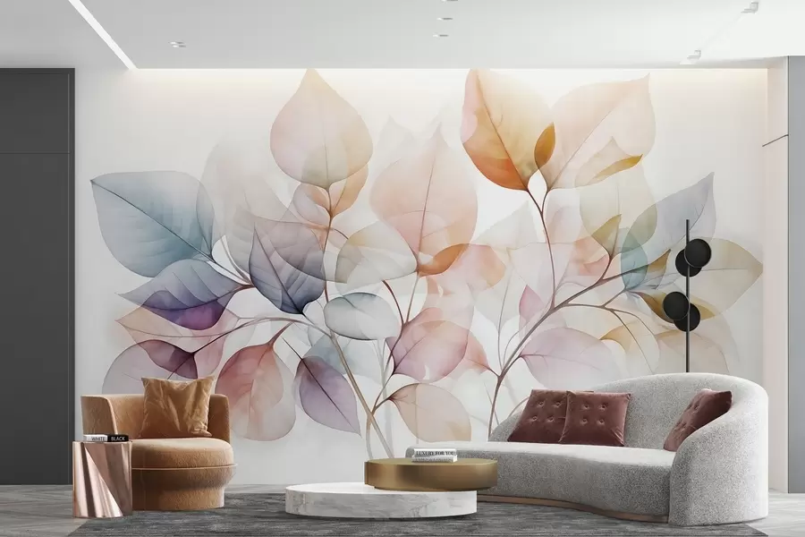 Fototapet Akvarelová malba průsvitných listů v pastelových barvách s odstíny růžové, bílé, fialové a modré w08910