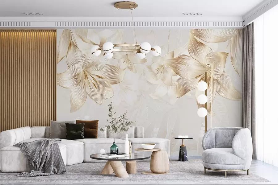 Fototapet Žluté lilie se složitými linkovými detaily, elegantní květinové aranžmá, neutrální barevná paleta w08912