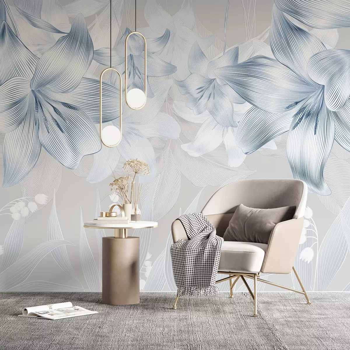 Fototapet Modré lilie se složitými linkovými detaily, elegantní květinové aranžmá, neutrální barevná paleta w08912v1