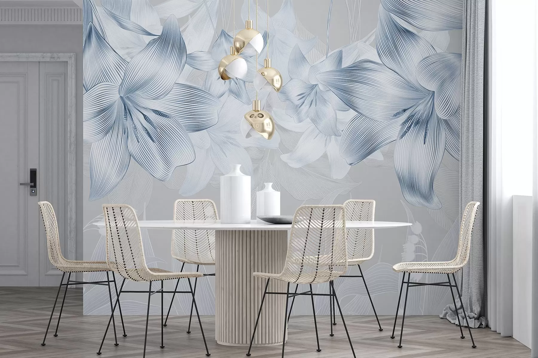 Fototapet Modré lilie se složitými linkovými detaily, elegantní květinové aranžmá, neutrální barevná paleta w08912v1