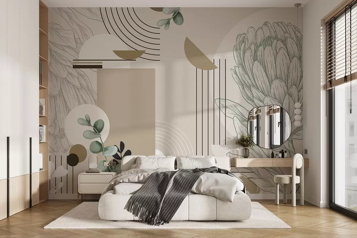 Fototapet Abstraktní botanický potisk s květem protey, listy eukalyptu, geometrické tvary v minimalistickém stylu, pastelové barvy w08914