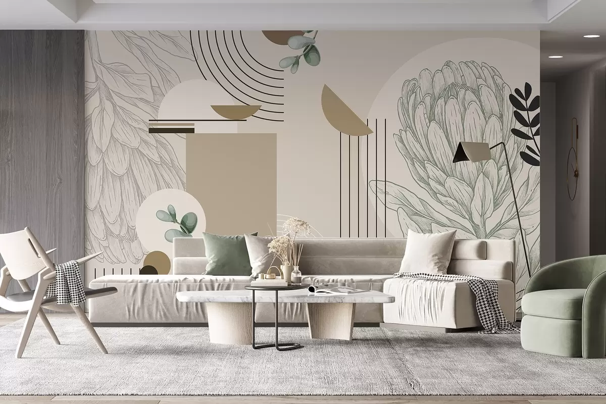 Fototapet Abstraktní botanický potisk s květem protey, listy eukalyptu, geometrické tvary v minimalistickém stylu, pastelové barvy w08914