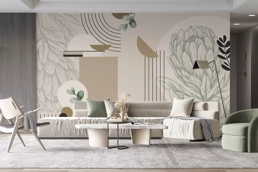 Fototapet Abstraktní botanický potisk s květem protey, listy eukalyptu, geometrické tvary v minimalistickém stylu, pastelové barvy w08914