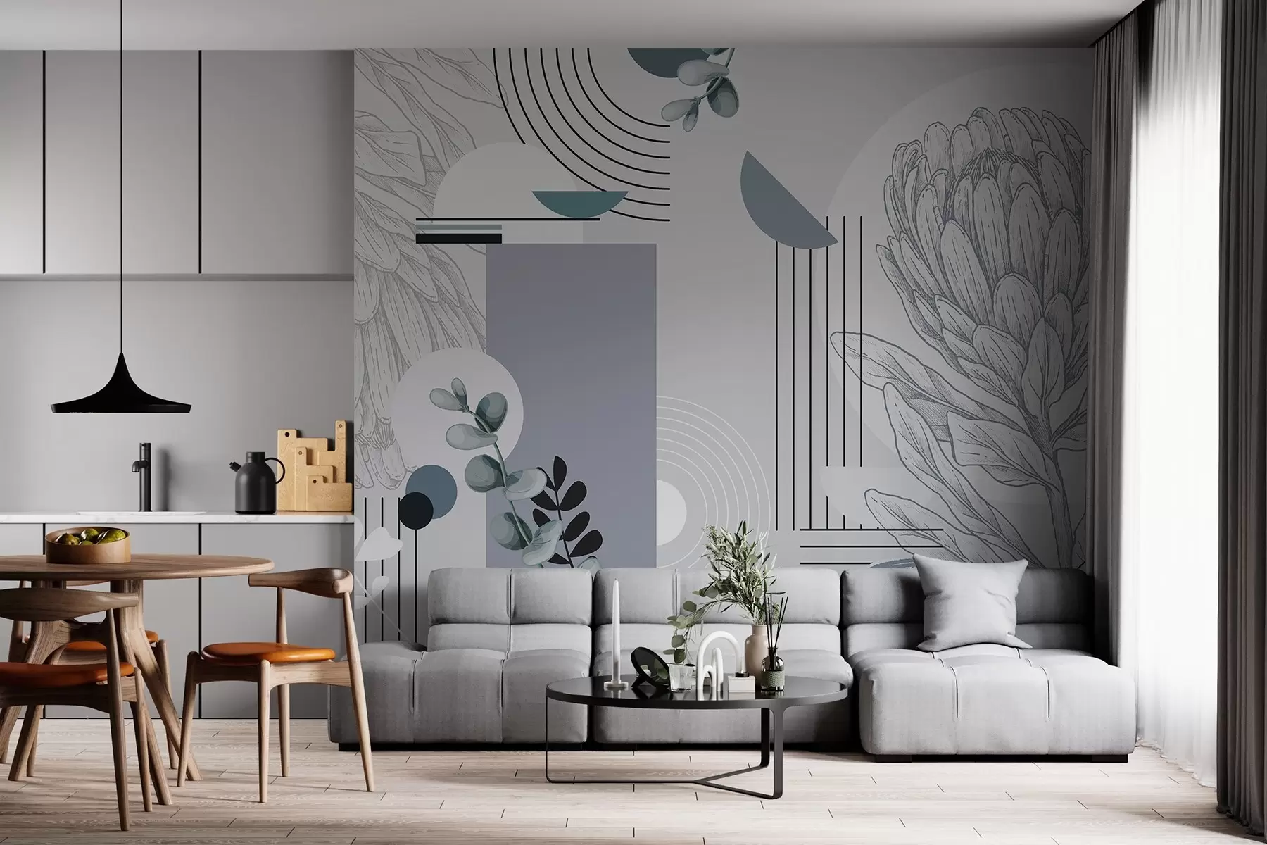 Fototapet Abstraktní botanický potisk s květem protey, listy eukalyptu, geometrické tvary v minimalistickém stylu, pastelové barvy w08914v1